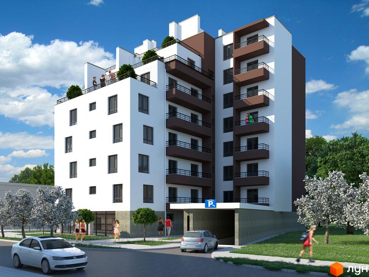 Житловий комплекс Будинок на Калнишевського - сучасна новобудова з балконами та терасами. Навколо будинку зелена зона та парковка.