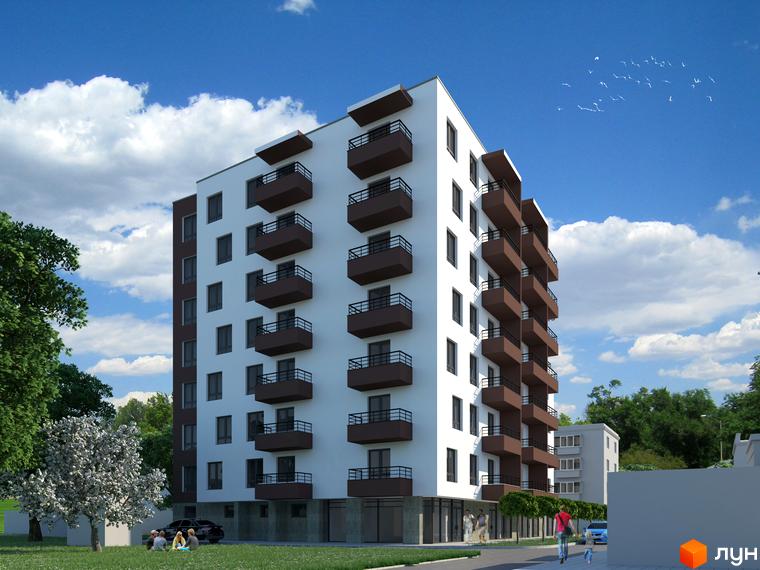 Будинок на Калнишевського - це новий житловий комплекс з білою фасадною частиною та коричневими балконами. На прибудинковій території є зелена зона, дерева та місця для відпочинку.