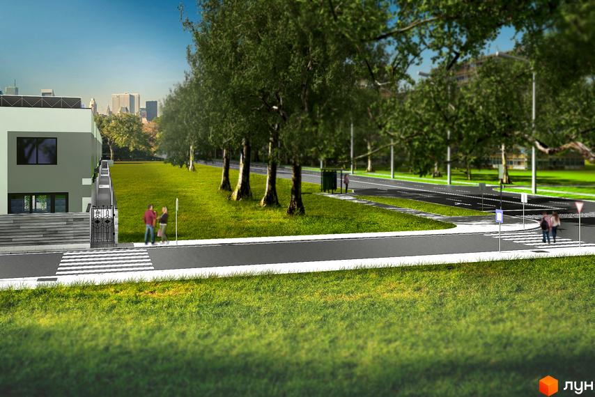 Зовнішній вигляд таунхаусів Townhouseclub з сірим фасадом та зеленим газоном. Навколо комплексу розташовані дерева та дорога з пішохідним переходом.