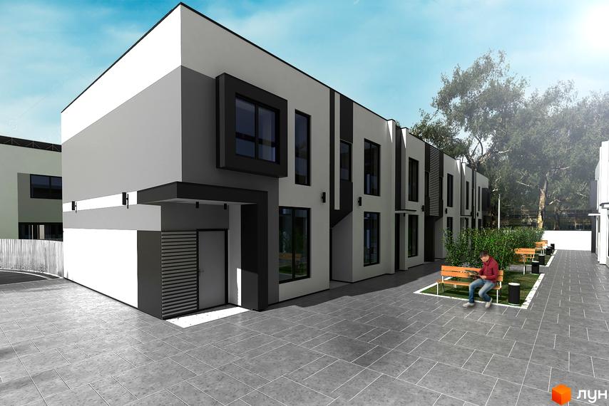 Townhouseclub: таунхауси з біло-сірим фасадом та темними вікнами. Прибудинкова територія з бруківкою, зеленню та лавками.