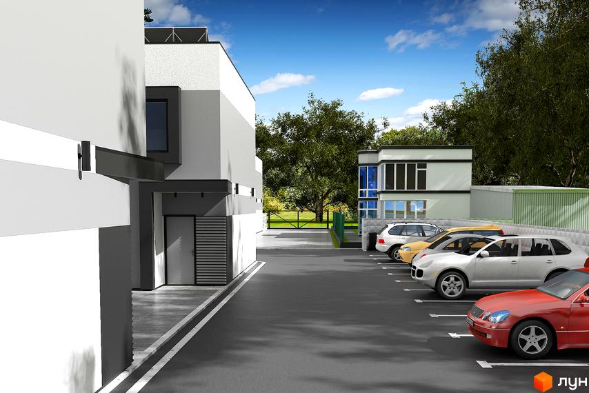 Зовнішній вигляд таунхаусів Townhouseclub з парковкою та зеленою зоною. Сучасна архітектура, білі фасади та великі вікна.