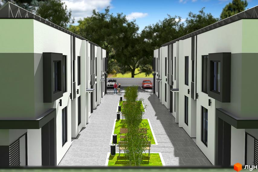 Зовнішній вигляд таунхаусів Townhouseclub з сірими та білими фасадами та зеленою прибудинковою територією з деревами та лавками. Проєкт новобудови з сучасним дизайном.