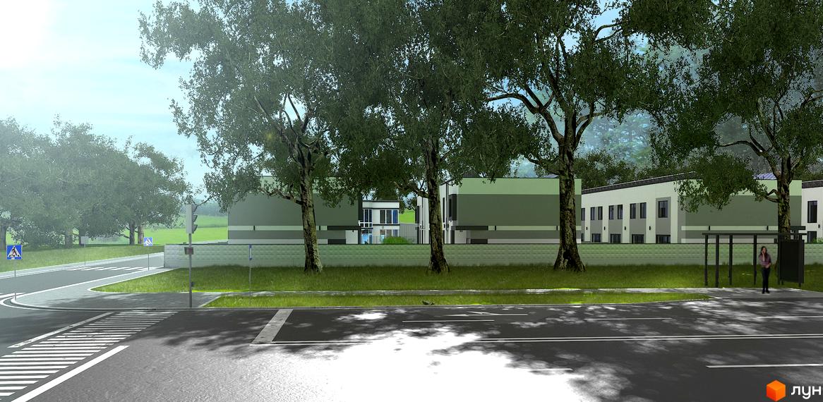 Зовнішній вигляд таунхаусів Townhouseclub з прибудинковою територією. Новобудова з сучасним дизайном фасаду та зеленими насадженнями біля дороги.