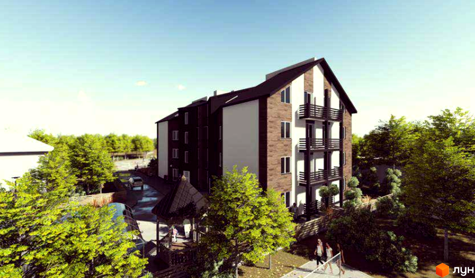 Житловий комплекс Вілла Бельведер - це чотириповерховий будинок з балконами та цегляним фасадом. На прибудинковій території є зелені насадження та альтанка.