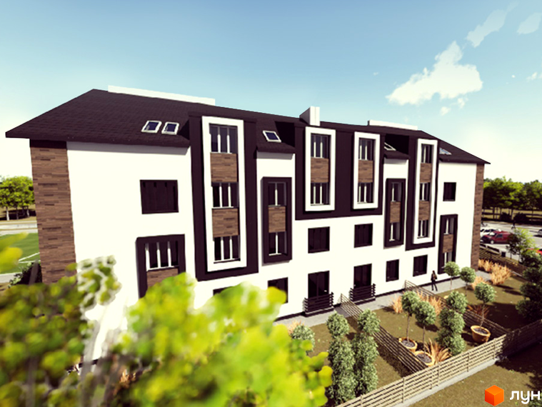 Житловий комплекс Вілла Бельведер: фасад новобудови з білою штукатуркою, темними вікнами та цегляними вставками. Прибудинкова територія з зеленими насадженнями та парканом.