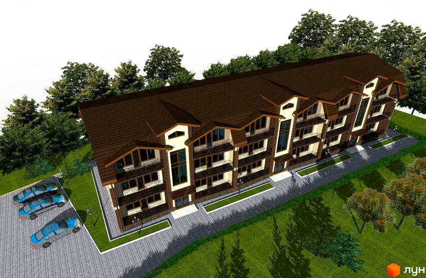 Зовнішній вигляд багатоповерхового будинку з коричневим дахом та балконами. Прибудинкова територія з парковкою та зеленими насадженнями.