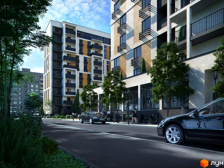 Житловий комплекс Вишгород Сіті Парк з фасадами у світлих тонах. На території комплексу є дерева, поруч дорога з припаркованими автомобілями.