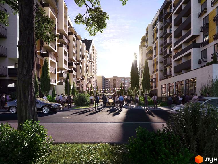 Житловий комплекс Вишгород Сіті Парк. Зовнішній вигляд житлового комплексу з балконами та терасами. На прибудинковій території люди, дерева та машини.