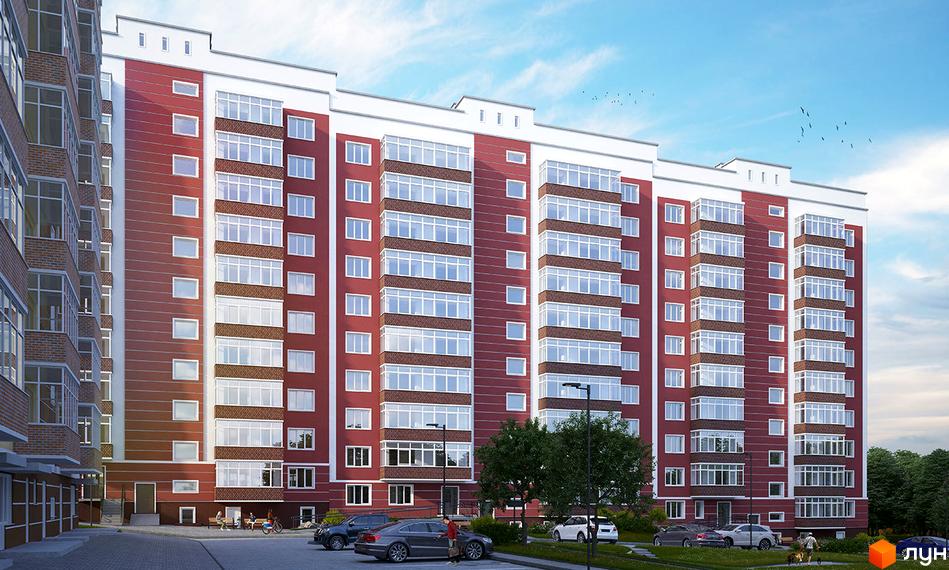 Житловий комплекс на вул. Вербицького, 24. Багатоповерховий будинок червоного кольору з білими елементами та великою кількістю вікон. Прибудинкова територія з деревами, лавками та припаркованими автомобілями.