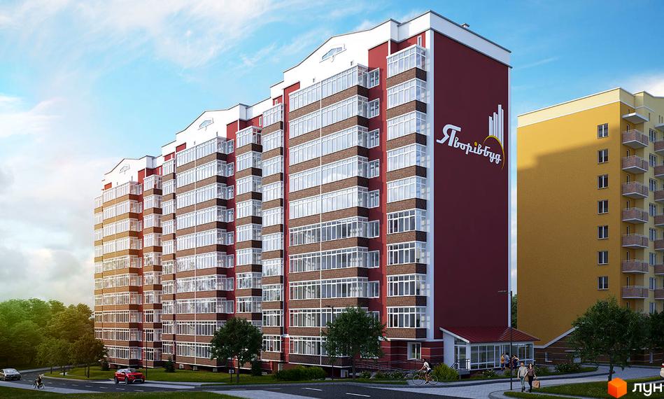 Світла новобудова з червоними та жовтими фасадами на вулиці Вербицького, 24. Поруч дорога з автомобілями та пішохідною зоною.