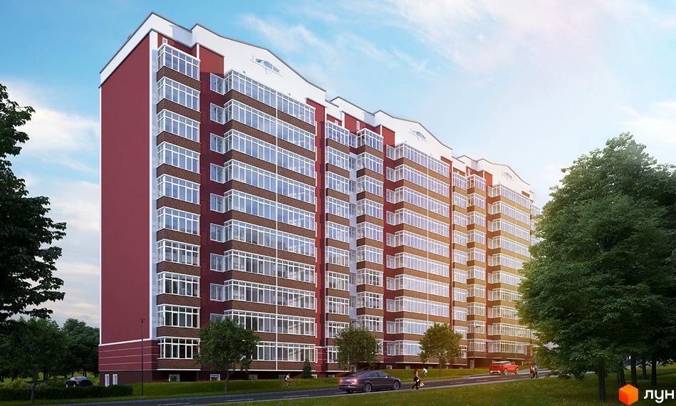 Зовнішній вигляд багатоповерхового будинку ЖК Вербицького, 24 з червоною цегляною обробкою та численними вікнами. Навколо будинку зелені насадження та дорога з автомобілями.