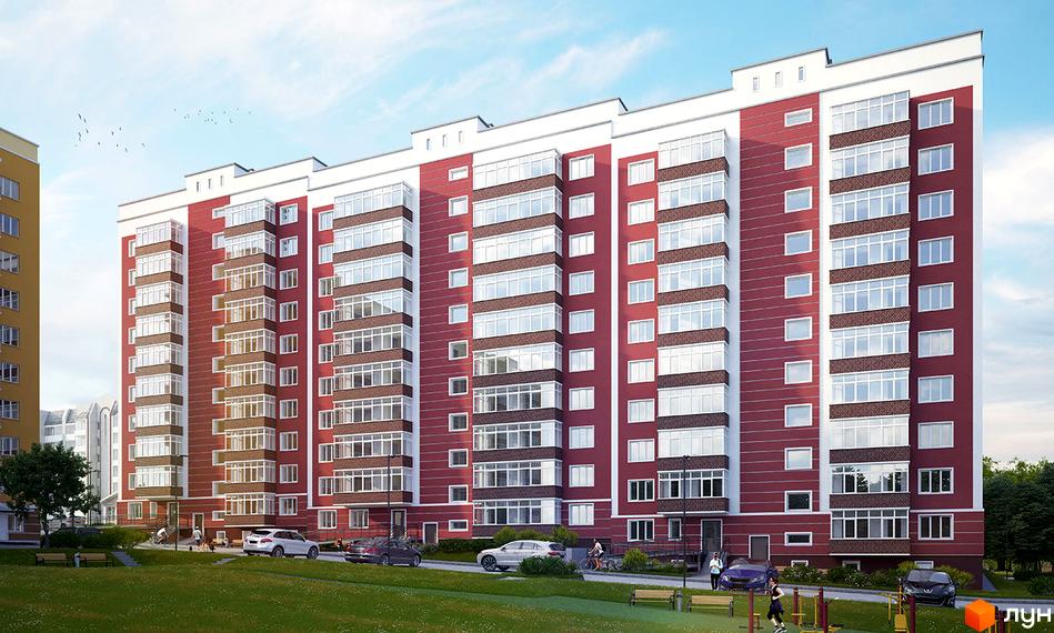 Зовнішній вигляд багатоповерхового будинку по вул. Вербицького, 24 з червоно-білим фасадом та численними вікнами. На прибудинковій території розташовані зелені насадження, лавки та автомобілі.