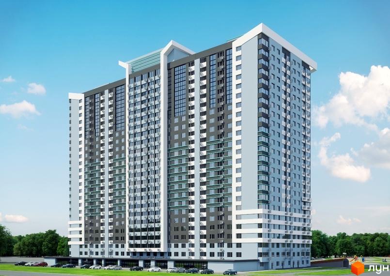 Житловий комплекс Sky City – висотна новобудова з панорамними вікнами та кондиціонерами на фасаді. Навколо будинку – зелені насадження та парковка.