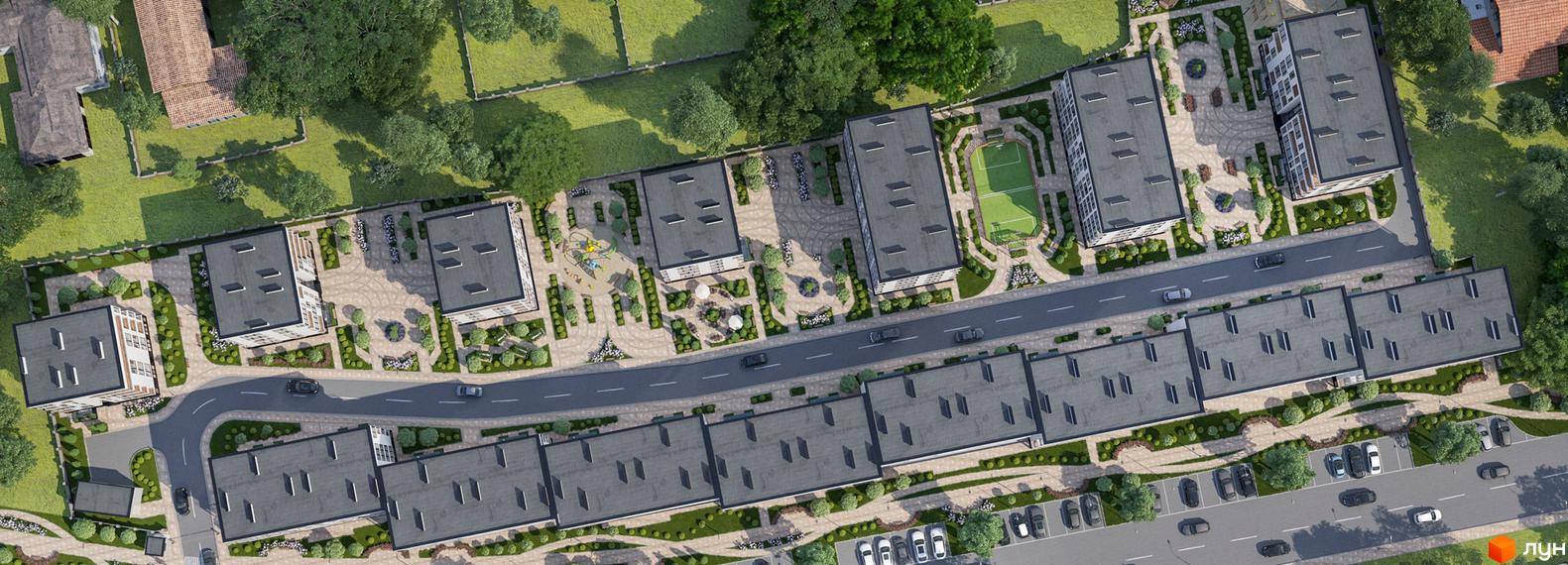 Житловий комплекс Kolibri з висоти пташиного польоту. На фото видно багатоповерхові будинки з облаштованою прибудинковою територією, дитячі майданчики.