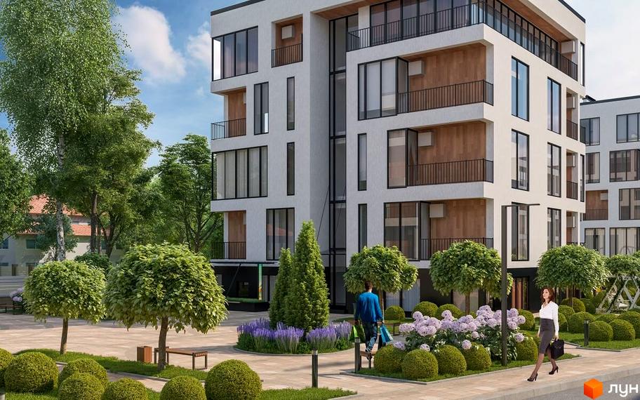 Житловий комплекс Kolibri: світлий багатоквартирний будинок з великими вікнами та балконами, оточений доглянутою прибудинковою територією з зеленню та квітниками.