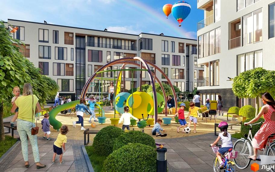 Житловий комплекс Kolibri з дитячим майданчиком у дворі. На фоні новобудови видно повітряні кулі та веселку.