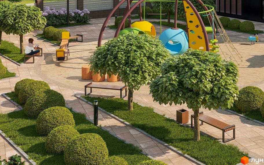 Зображення прибудинкової території Житлового комплексу Kolibri з ландшафтним дизайном та дитячим майданчиком. Вигляд з високої точки.