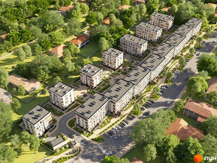 Зображення Житлового комплексу Kolibri з виглядом на багатоповерхові будинки та зелену прибудинкову територію з дорогами та парковкою.