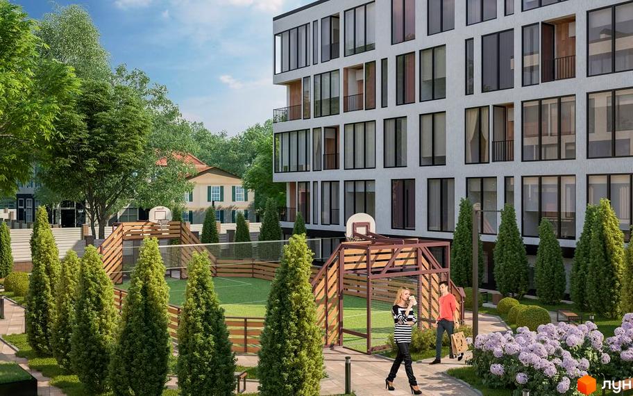 Зображення фасаду та прибудинкової території Житлового комплексу Kolibri. На території є спортивний майданчик та зелені насадження.