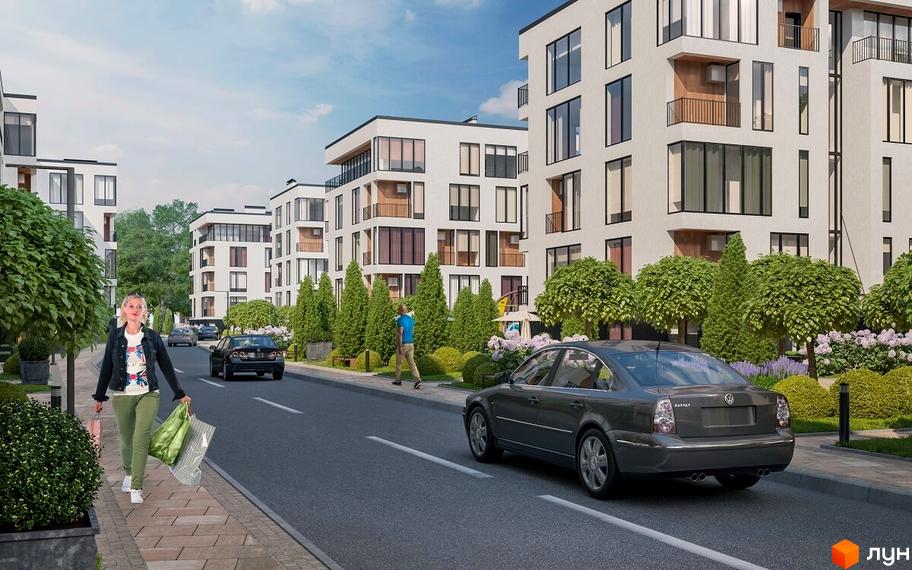 Зображення Житлового комплексу Kolibri: багатоповерхові будинки з великими вікнами, зелені насадження вздовж дороги та тротуару. На дорозі автомобілі.