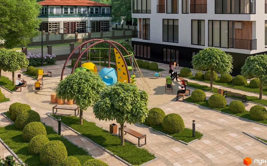 Багатоповерховий будинок Житлового комплексу Kolibri з білим фасадом та великими вікнами. На території є дитячий майданчик, лавки та зелені насадження.