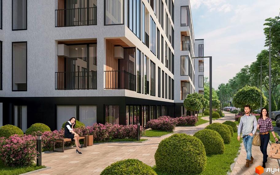 Зображення фасаду та прибудинкової території Житлового комплексу Kolibri. На передньому плані пішохідна алея з ландшафтним дизайном.