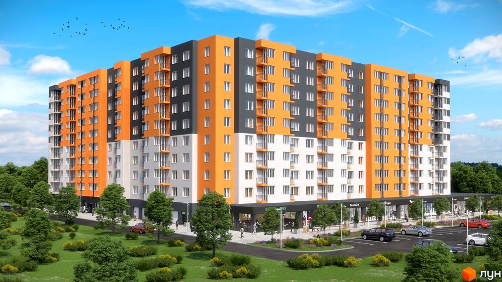Зовнішній вигляд житлового комплексу Сімейний COMFORT з яскравими фасадами та балконами. Прибудинкова територія з деревами, газоном та парковкою.
