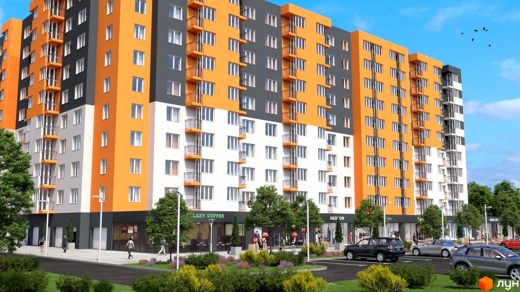 Зовнішній вигляд новобудови ЖК Сімейний COMFORT з помаранчевими та сірими фасадами, білими вікнами та балконами. Прибудинкова територія з деревами, кущами та автомобілями.