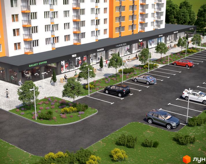 Житловий комплекс Сімейний COMFORT: багатоповерхова будівля з білими фасадами, комерційними приміщеннями та облаштованою прибудинковою територією з паркінгом.