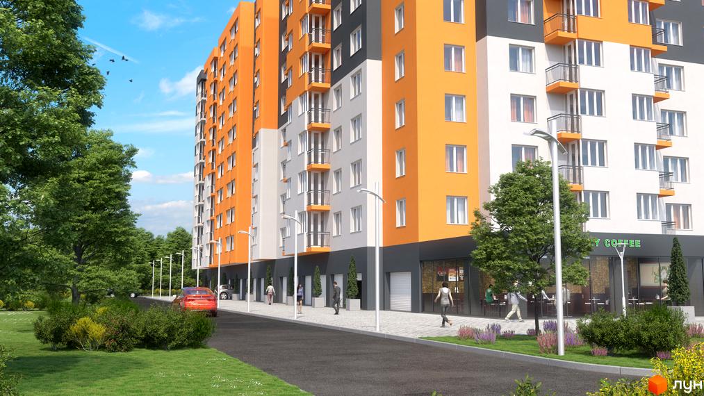 Житловий комплекс Сімейний COMFORT з яскравим фасадом та балконами. Прибудинкова територія з деревами, газоном та дорогою.