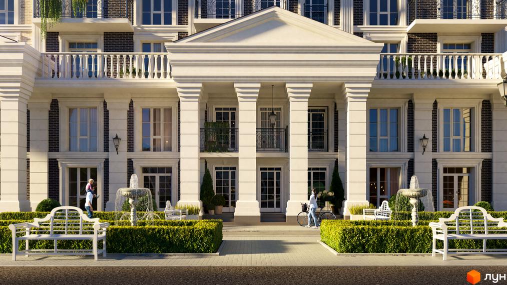 Фасад будинку в Житловому комплексі Нова Англія з колонами та великими вікнами. На передньому плані лавки, зелені насадження та пішохідна зона.