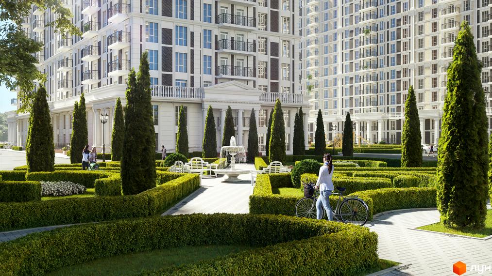 Житловий комплекс Нова Англія з білосніжними фасадами та елегантним садом з фонтаном. На території розташовані зелені кущі та дерева, що створюють затишну атмосферу.