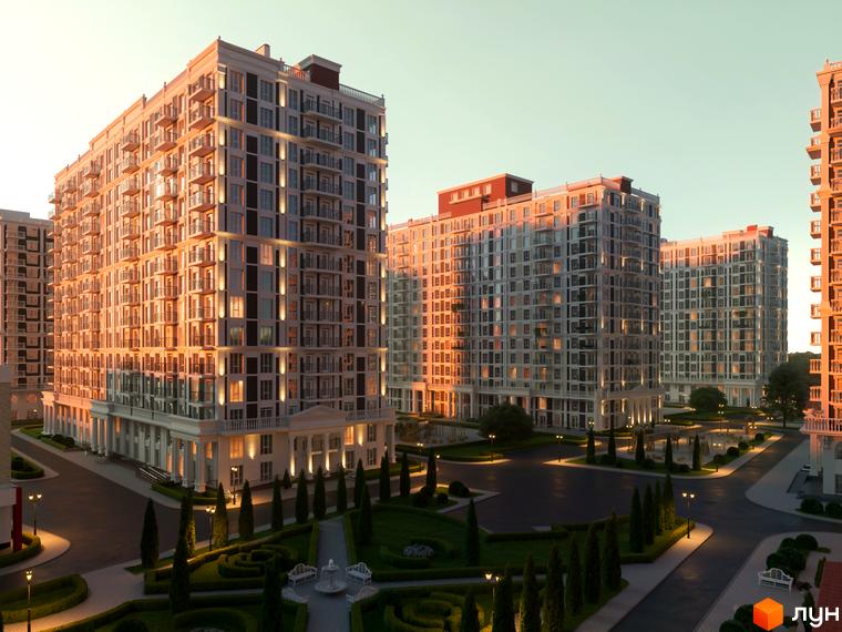 Зображення житлового комплексу Nova Anglia. Вигляд багатоповерхових будинків з балконами та прибудинкової території з ландшафтним дизайном.