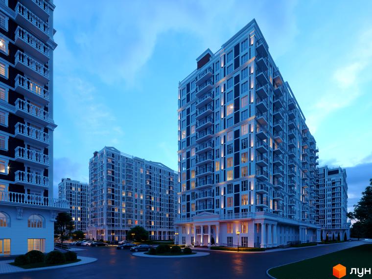 Зображення комплексу Нова Англія з багатоповерховими будинками та прибудинковою територією з парковкою. Архітектура в світлих тонах.