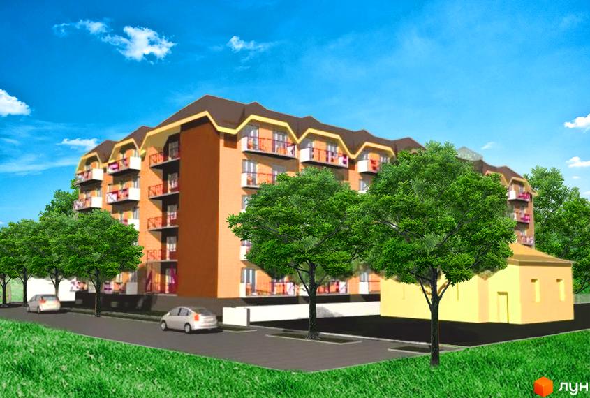 Житловий комплекс Котляревського - це багатоповерховий будинок з балконами та коричневим дахом. Навколо комплексу розташовані зелені дерева та прибудинкова територія з автомобілями.