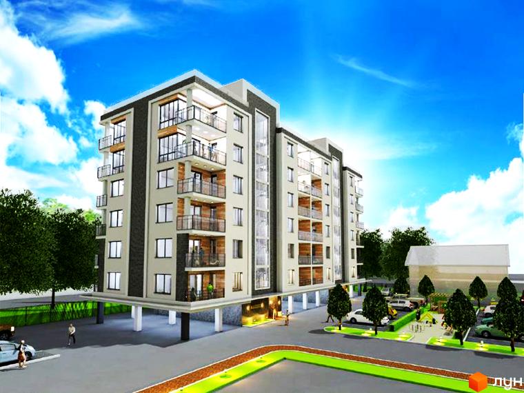 Зовнішній вигляд житлового комплексу Проспект з балконами та вікнами. Прибудинкова територія з деревами, парковкою та дитячим майданчиком.