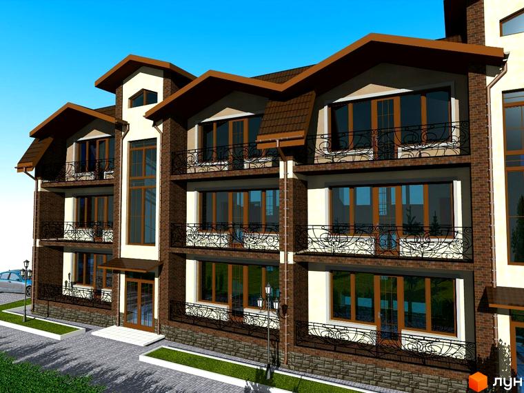 Зовнішній вигляд триповерхового будинку з цегляним фасадом, великими вікнами та балконами. Прибудинкова територія з бруківкою та зеленими насадженнями.
