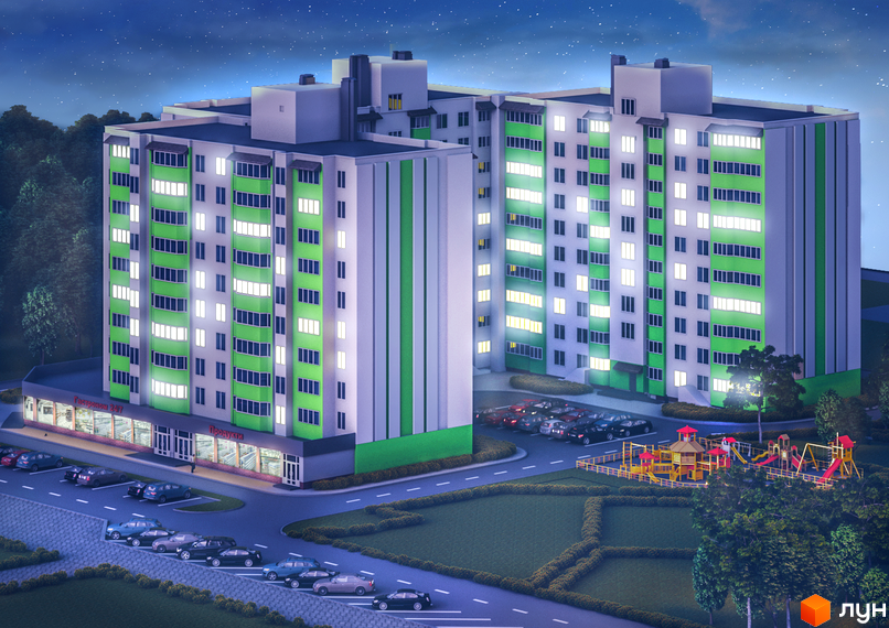 Житловий комплекс на вул. Тараскова, 5: багатоповерховий будинок з біло-зеленим фасадом, освітленими вікнами вночі, парковкою та дитячим майданчиком.