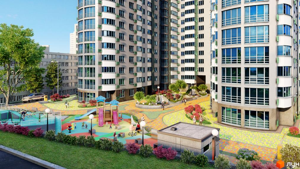 Зображення сторінки житлового комплексу FREEDOM. Високоповерхові будинки з великими вікнами та доглянута прибудинкова територія з дитячим майданчиком.