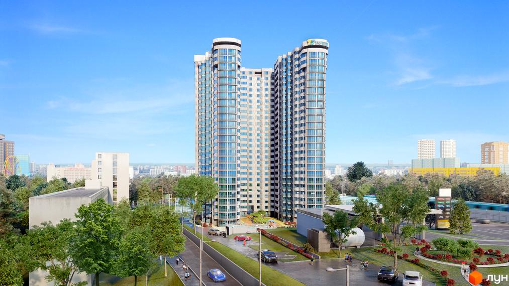 Зображення Житлового комплексу FREEDOM. Вигляд багатоповерхового будинку з великою кількістю вікон та прибудинковою територією.