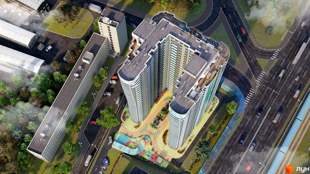 Вид зверху на Новобудову FREEDOM з дитячим майданчиком та озелененням. Архітектура комплексу з висотними будинками та зручним розташуванням.