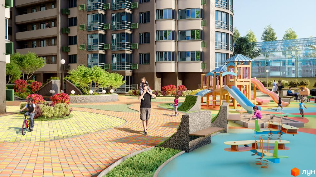 Зображення Житлового комплексу FREEDOM з дитячим майданчиком у дворі. Будівля з великими вікнами та зеленими насадженнями.