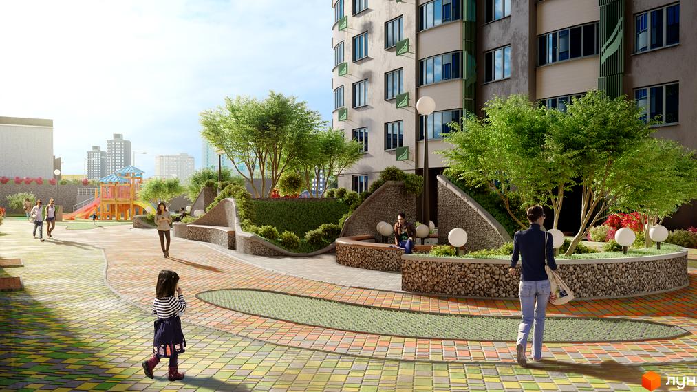 Зображення Будівельного проєкту FREEDOM з багатоповерховим будинком та озелененою прибудинковою територією. На території є пішохідні доріжки та місця для відпочинку.