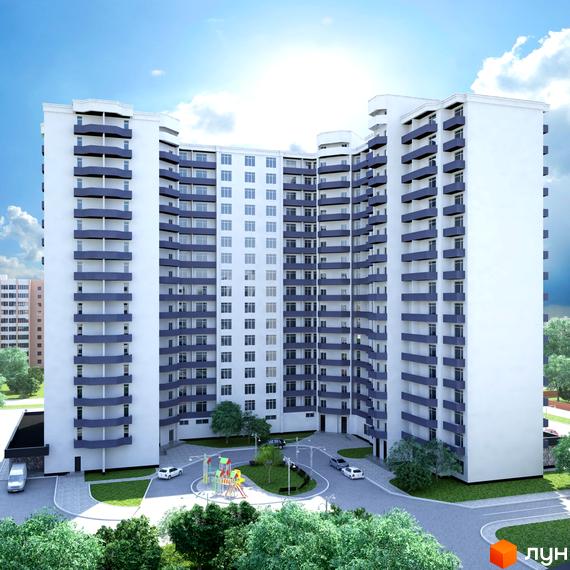 Житловий комплекс Надія: багатоповерхова біла будівля з темно-синіми балконами та дитячим майданчиком на прибудинковій території.