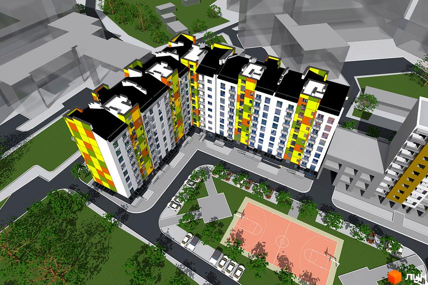 Житловий комплекс Квартал Лемківський з яскравим фасадом та спортивним майданчиком. Огляд новобудови з висоти пташиного польоту.