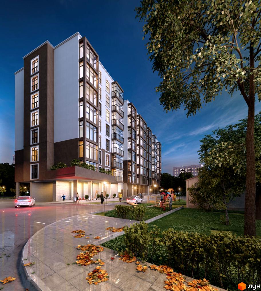 Зображення фасаду і прибудинкової території Житлового комплексу Глобус Меридіан. Багатоповерхова будівля з великими вікнами, зелені насадження навколо.