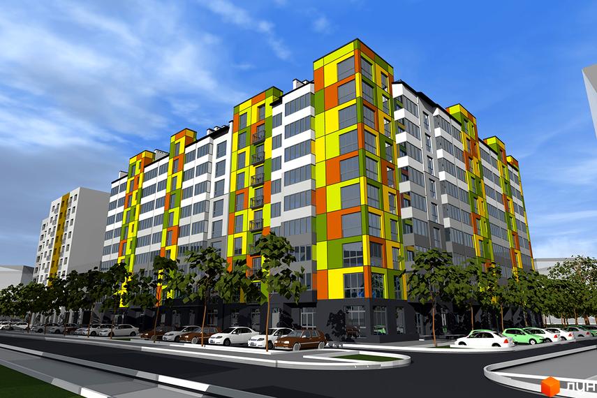 Новобудова Квартал Лемківський з яскравим фасадом та паркуванням. Зовнішній вигляд будинку з вікнами та балконами, оточений деревами та дорогою.