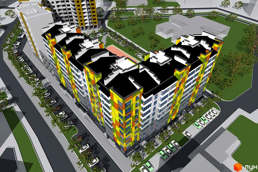 Житловий комплекс Квартал Лемківський з яскравим фасадом та прибудинковою територією з парковкою та деревами.