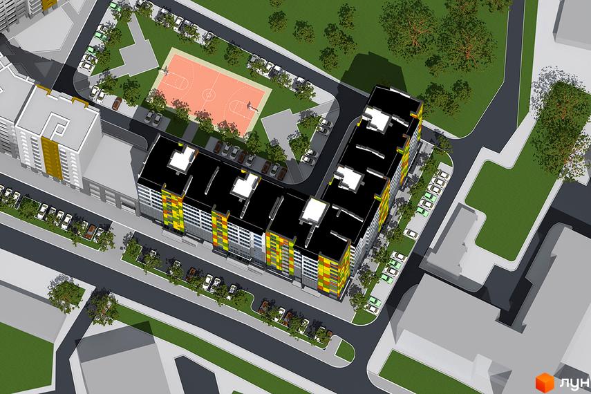 Житловий комплекс Квартал Лемківський з яскравим фасадом та баскетбольним майданчиком поруч. Навколо будинку розташовані паркувальні місця та зелені зони.