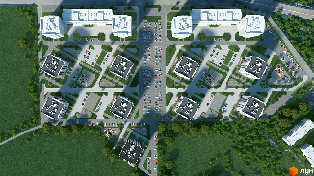 Вид зверху на Житловий комплекс Саванна Сіті. Багатоповерхові будинки з білими фасадами, поруч парковка та зелені зони з деревами та дитячими майданчиками.